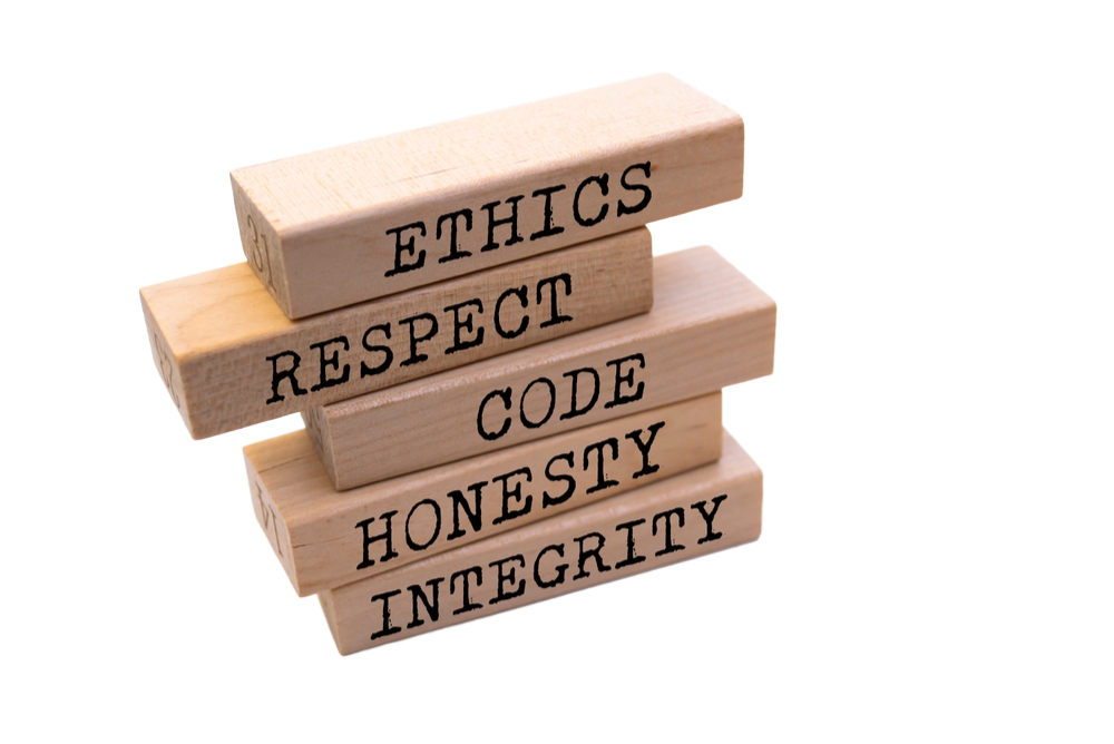Image of building blocks with the words ETHICS, RESPECT, CODE, HONESTY, INTEGRITY