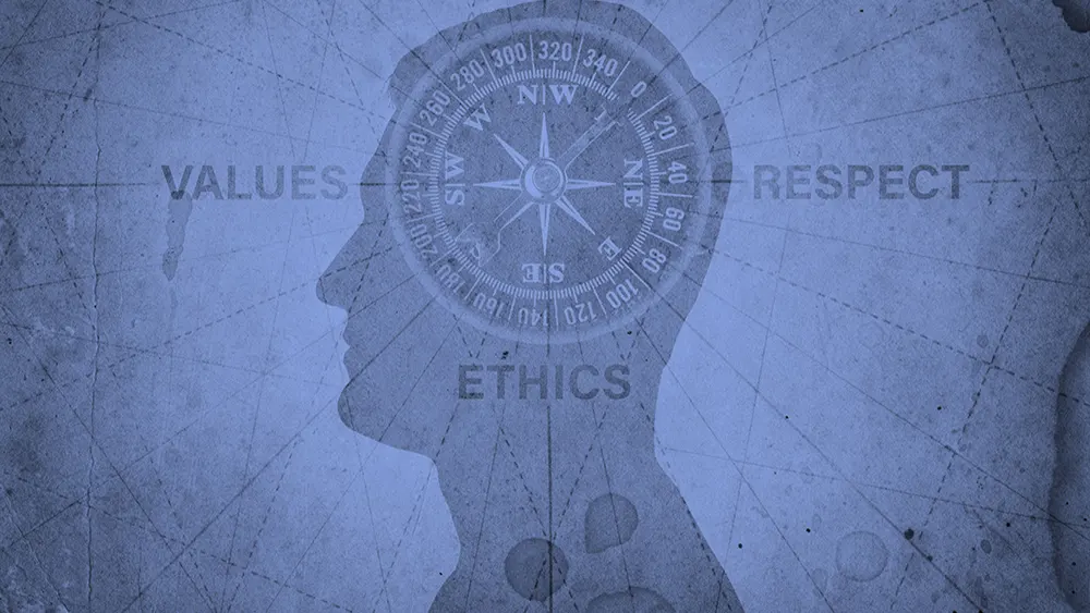 Compass in head points to values, respect, and ethics