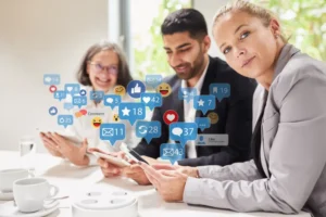 Three people use social media on their phones