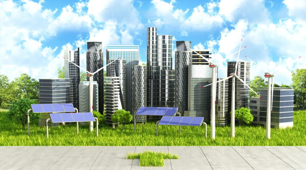 City with solar panels and wind turbines