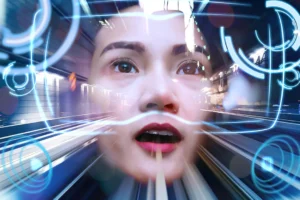 Woman uses virtual reality glasses
