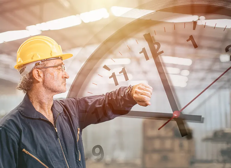 A construction worker in a hard hat looks at his watch with a clock superimposed in the background