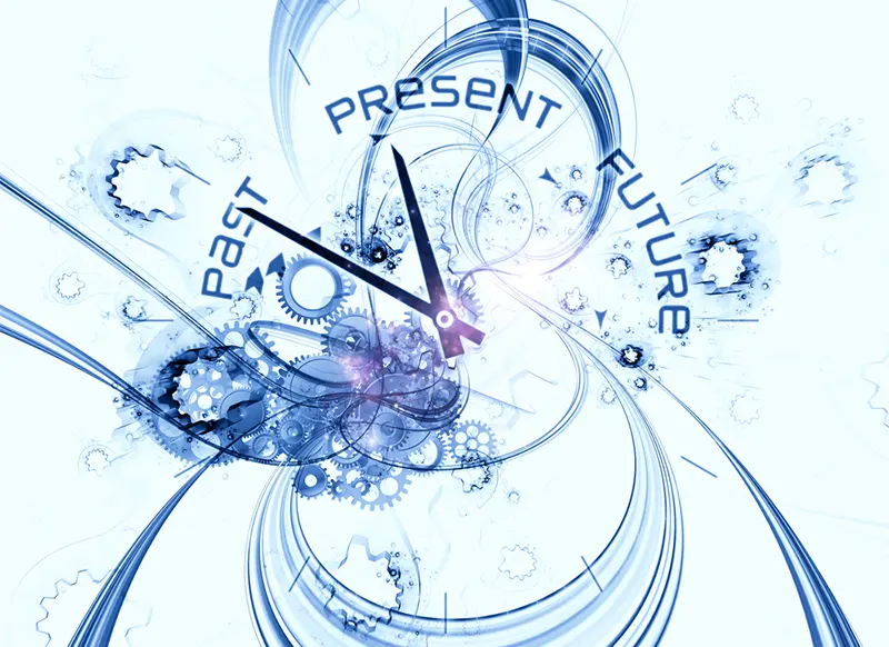 Clock hands and gears swirl together with the words past, present, and future
