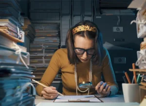 A female researcher uses a magnifying glass and a pencil to do work at a desk with paperwork stacked high