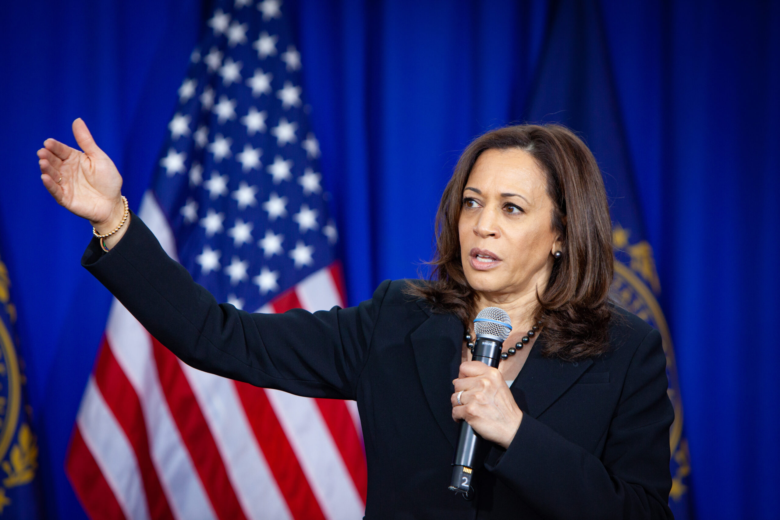 U.S. presidential candidate Kamala Harris speaks into a microphone while holding up one arm in front of an American flag