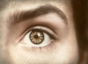 A woman's eye with a clock reflected in the iris