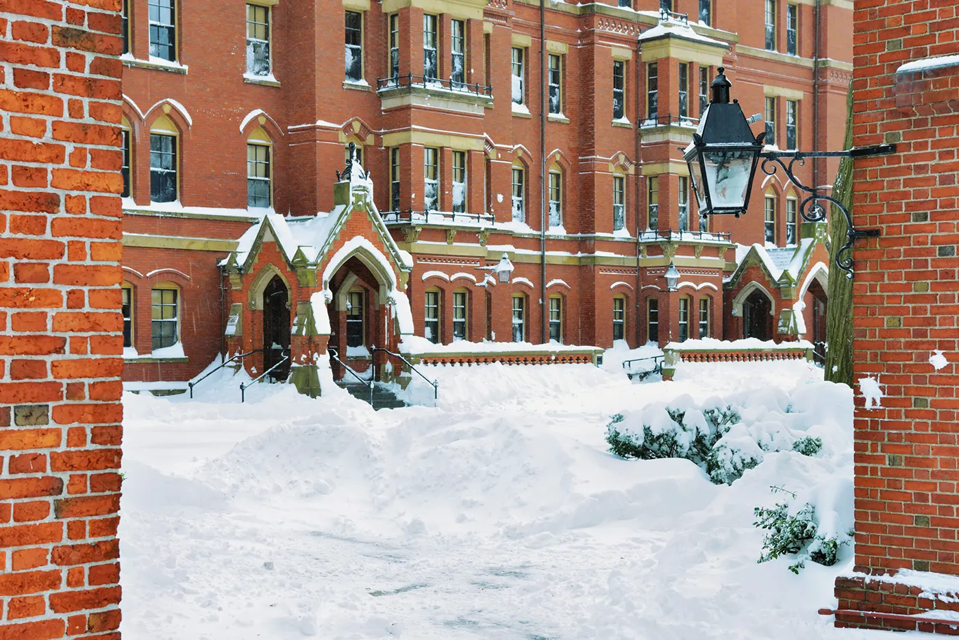 Brick buildings at Harvard University covered in snow