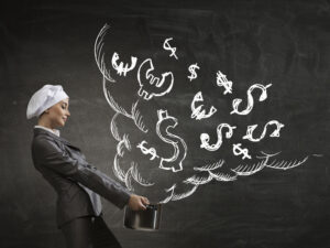 A woman in a white hat holds a pot with steam shaped like dollar signs and euro signs coming out of it