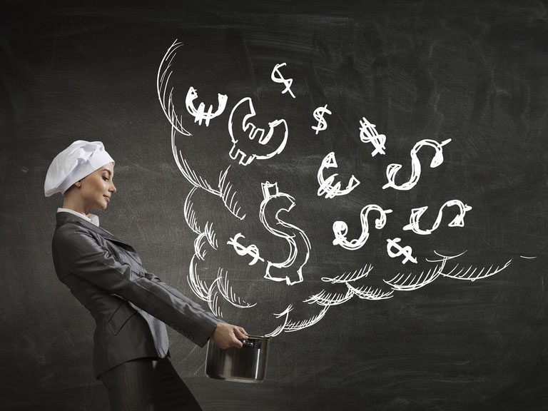 A woman in a white hat holds a pot with steam shaped like dollar signs and euro signs coming out of it