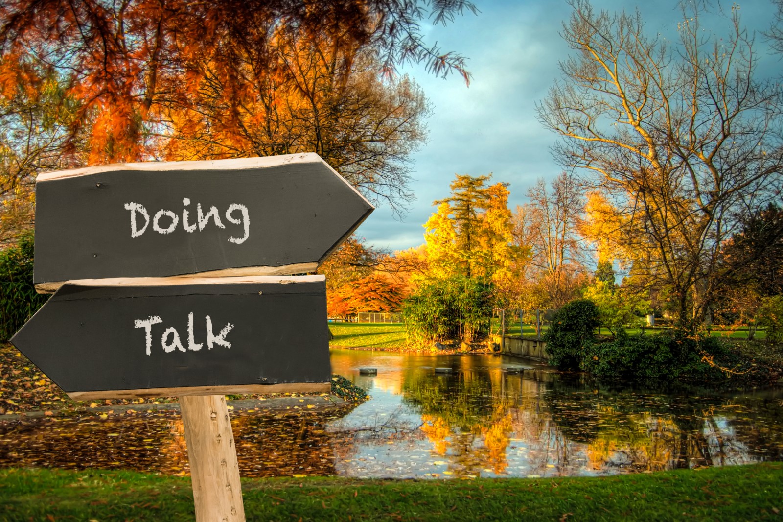 A sign that says "Doing" pointing one way and a sign that says "Talk" pointing the other way