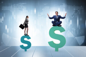 A woman stands on a small dollar sign while a man sits on a large dollar sign