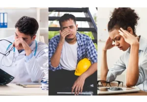 A stressed-out doctor, a construction worker, and a young female worker put a hand to their head