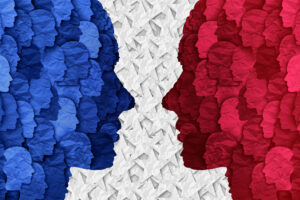 Blue heads face off against red heads separated by white stars, indicating opposing political groups in the U.S.