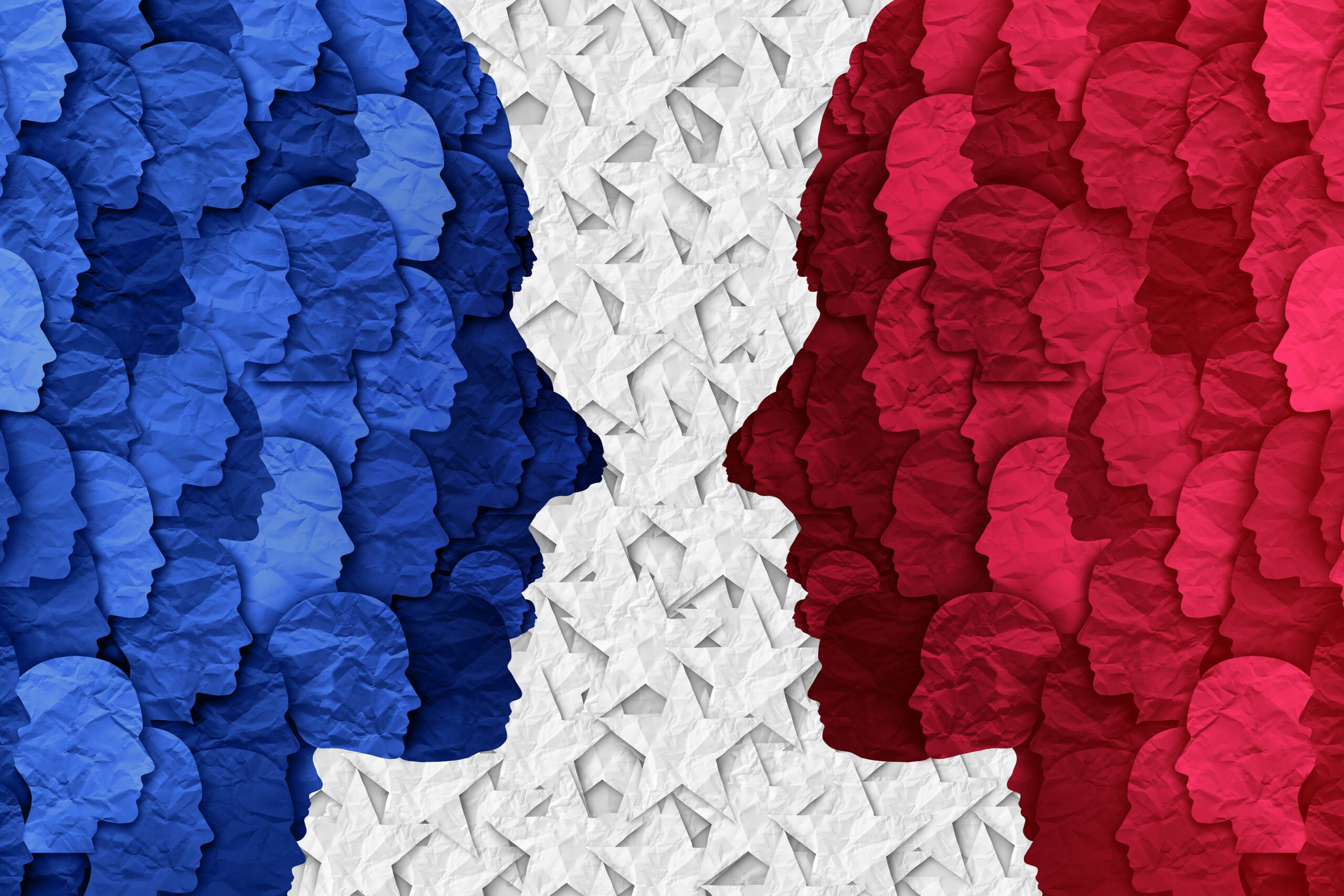 Blue heads face off against red heads separated by white stars, indicating opposing political groups in the U.S.