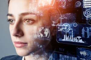 A young pretty female student's face fades and blends together with graphics illustrating AI, deep learning, GUI, and edtech.