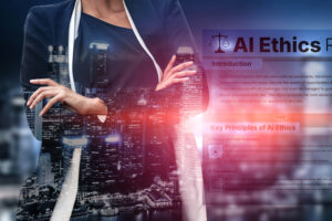 A woman crosses her arms while contemplating ethical uses of artificial intelligence and AI's amorality.