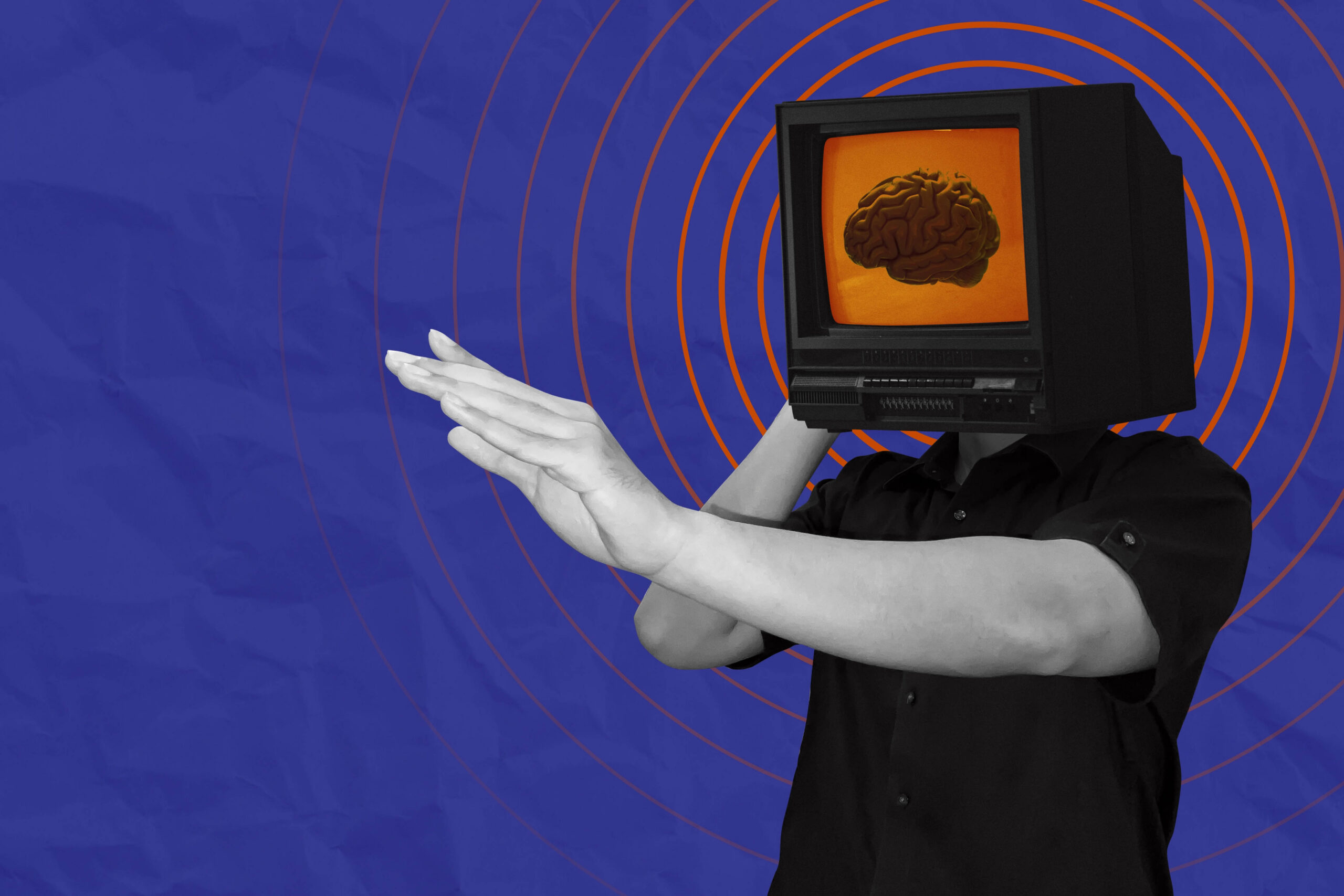 Collage art of AI computer prediction concept. Person with retro tv head representing artificial intelligence doing telepathy gesture, isolated on purple background.