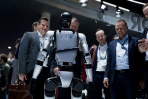 Barcelona, Spain - 4 March 2025: A humanoid robot by the company Unitree is seen at the Mobile World Congress 2025 (MWC) at the Fira de Barcelona.