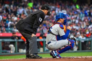 Los Angeles Dodgers catcher Will Smith and home plate umpire Todd Tichenor during a game against the San Francisco Giants at Oracle Park.