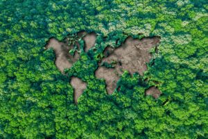A Map of the World is surrounded by green trees creating Sustainable habitat in an Environment concept
