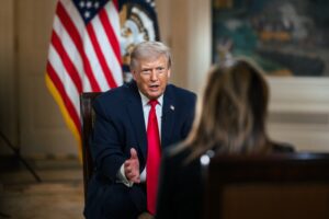 President Donald J. Trump participates in an interview with Fox's Maria Bartiromo, Tuesday, April 14, 2026, in the Diplomatic Reception Room at the White House.