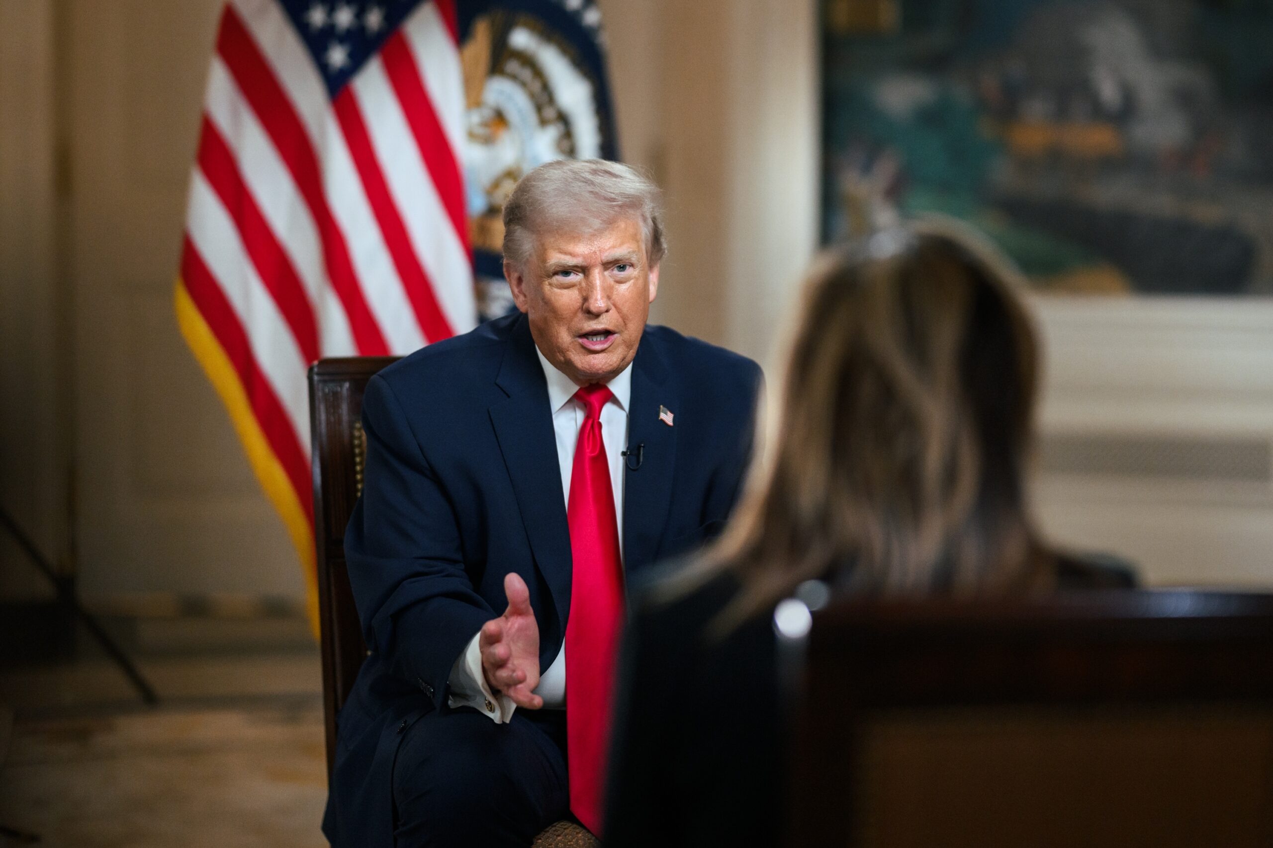 President Donald J. Trump participates in an interview with Fox's Maria Bartiromo, Tuesday, April 14, 2026, in the Diplomatic Reception Room at the White House.