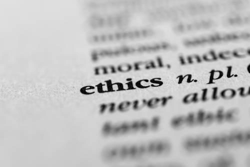 Close up of dictionary entry for "ethics" with the rest of the words blurred, as in portrait mode.
